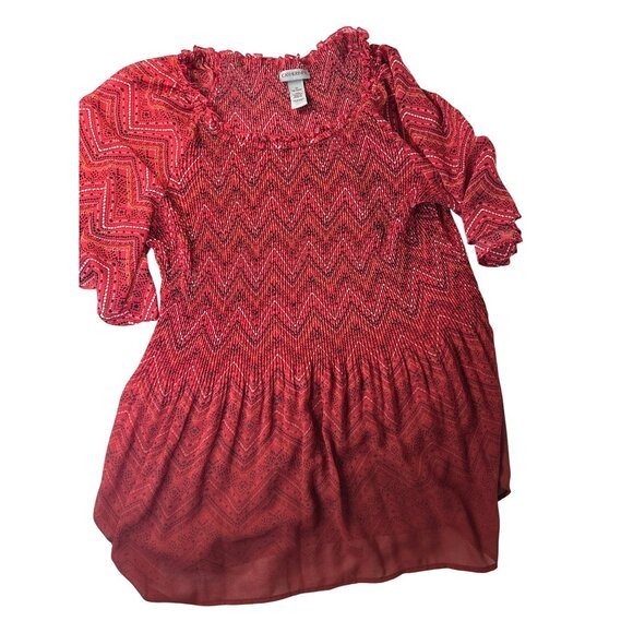 Catherines Red Chevron Patterned Smocked Blouse 1X 18/20 Womens Lightweight Top - Picture 1 of 4